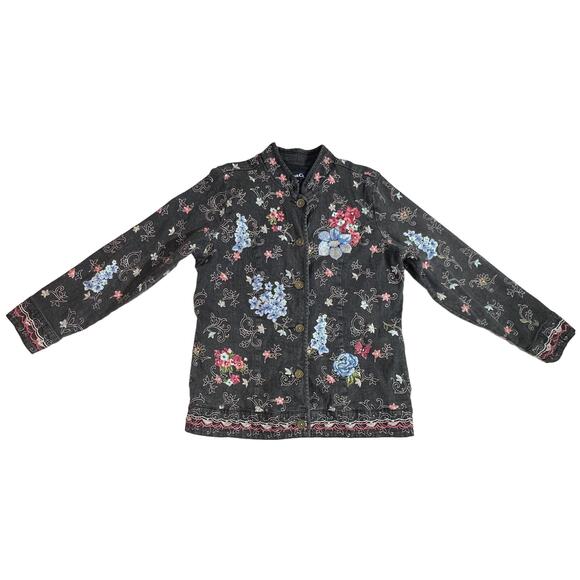 Denim & Co Denim Jacket Charcoal Gray Wash Multicolor Floral Embroidery Medium - Picture 5 of 9